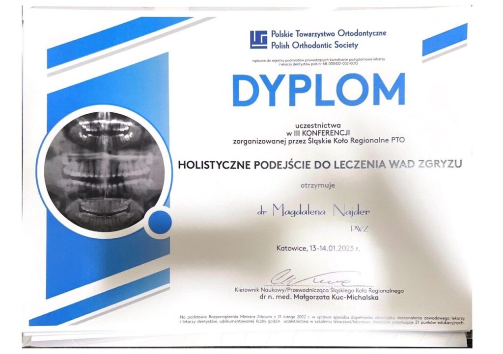 Dyplom uczestnictwa w III konferencji "Holistyczne podejście do leczenia wad zgryzu 2023"