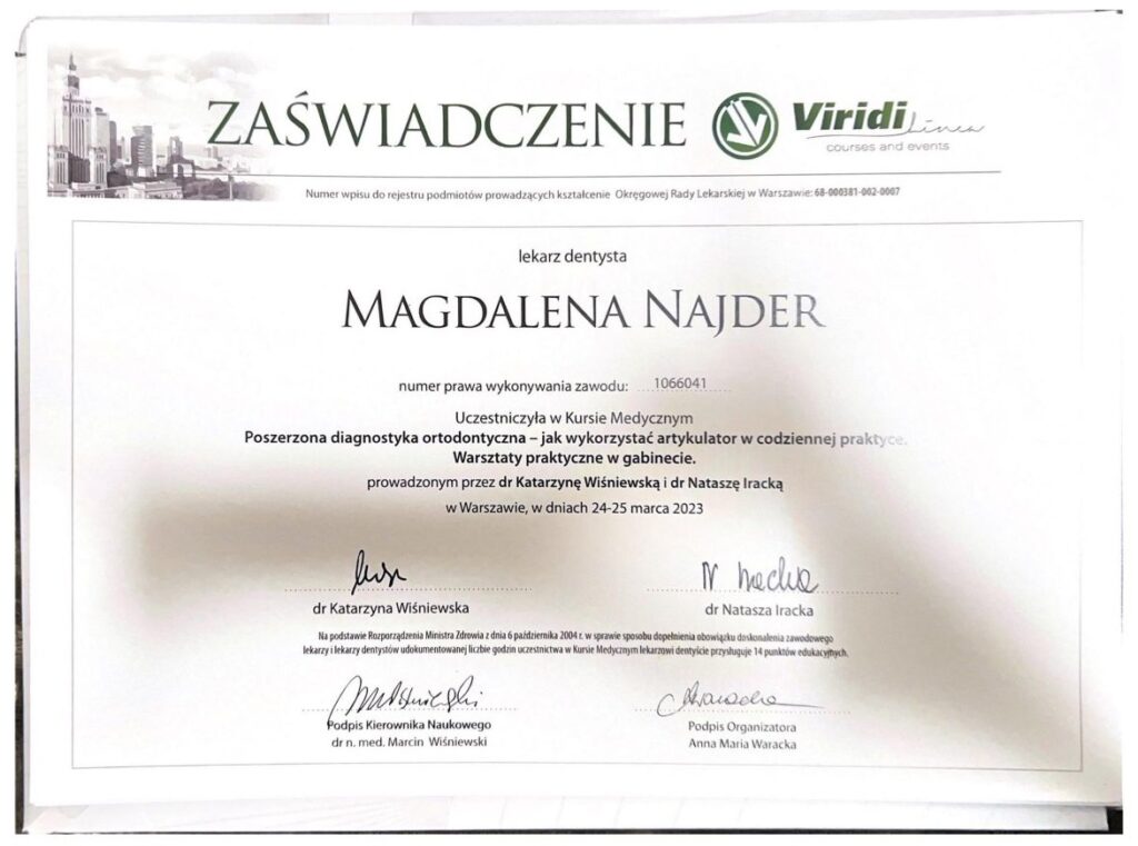 Certyfikat "Poszerzona diagnostyka ortodontyczna 2023 - jak wykorzystać artykulator w codziennej praktyce"