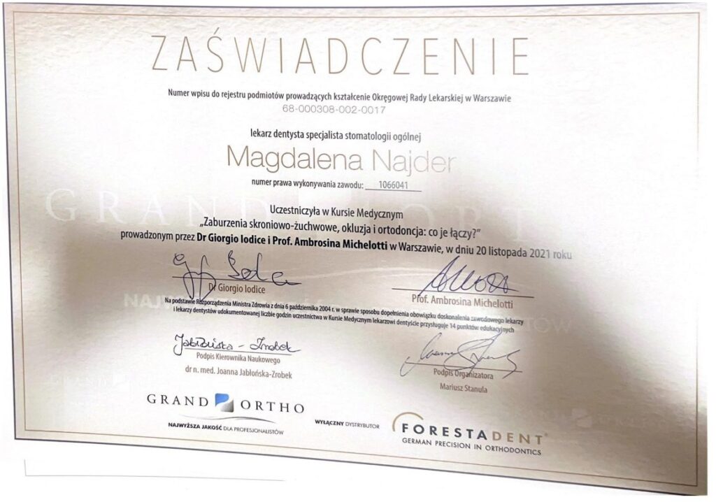 Certyfikat "Zaburzenia skroniowo-żuchowe, okluzja i ortodoncja: co je łączy? 2021"