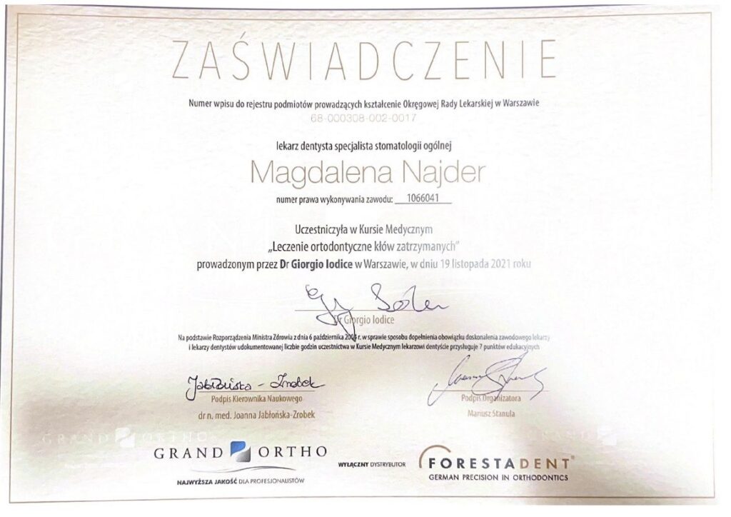 Certyfikat "Leczenie ortodyntyczne kłów zatrzymanych 2021"